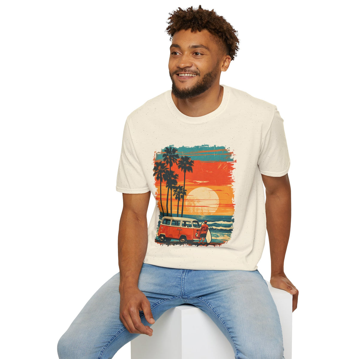 Retro Sunset Van T-Shirt – Tropical Beach Road Trip Graphic