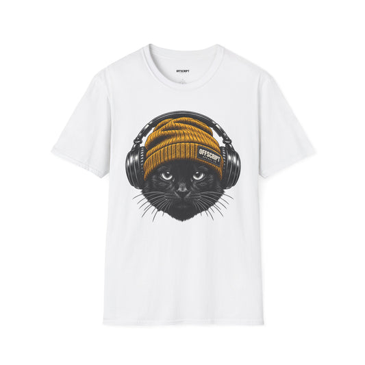 Cat Headphones T-Shirt — Cool Black Cat with Beanie & Headphones Graphic