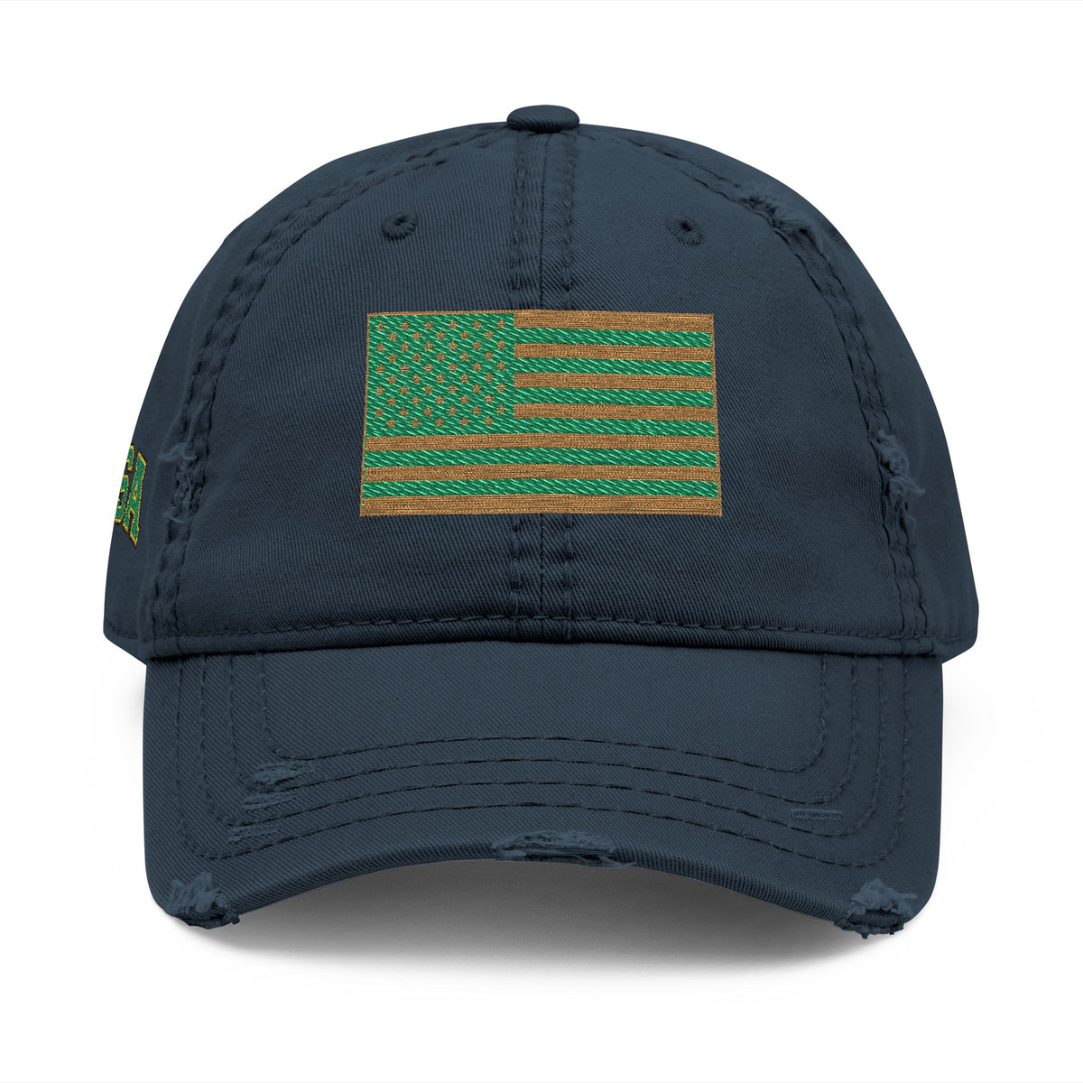 Embroidered Distressed Dad Hat — Green & Gold Flag Patch