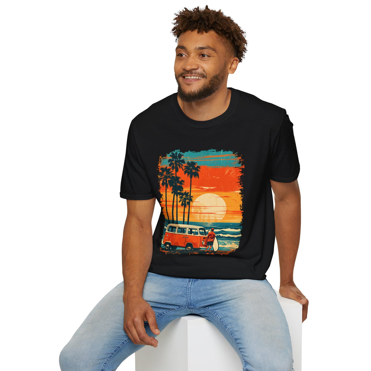 Retro Sunset Van T-Shirt – Tropical Beach Road Trip Graphic