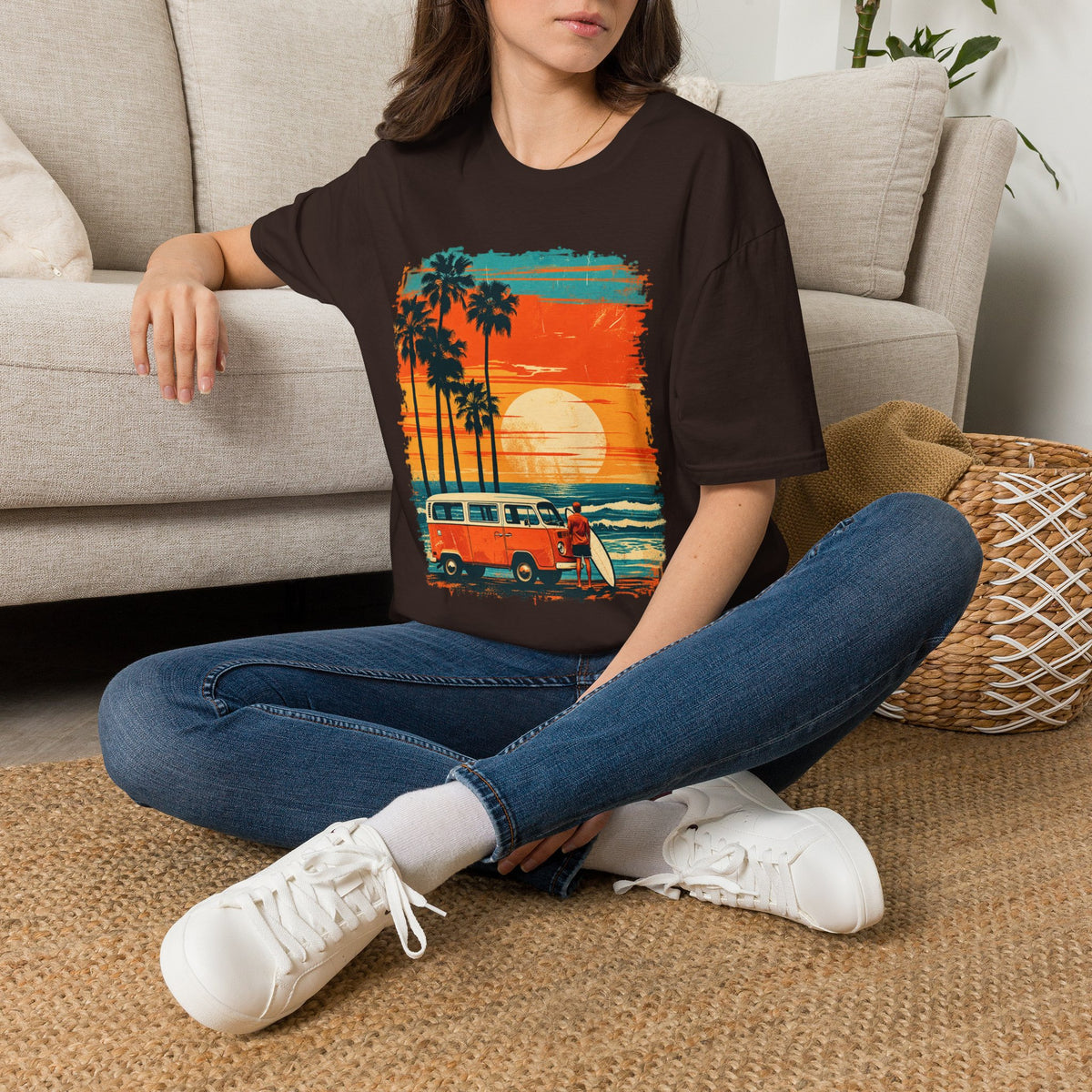 Retro Sunset Van T-Shirt – Tropical Beach Road Trip Graphic
