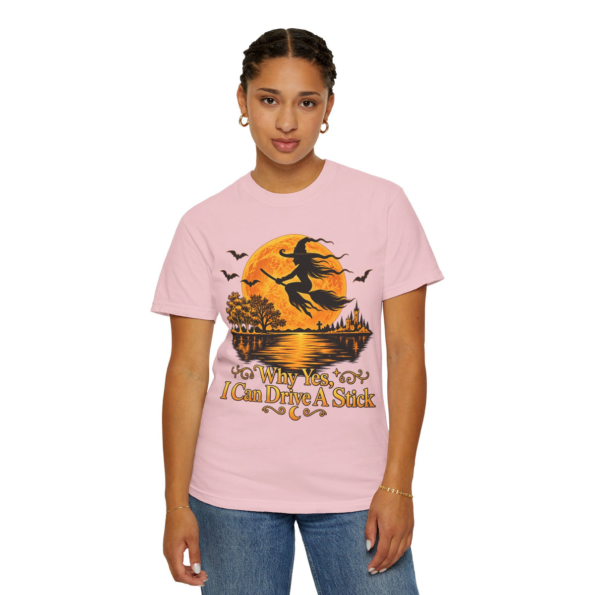 Witch Flying Over Moon T-Shirt – "Why Yes, I Can Drive A Stick" Halloween Tee