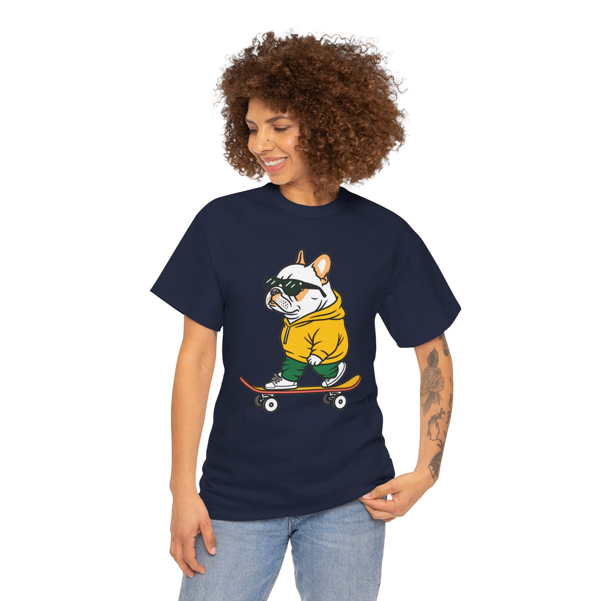 Skateboarding French Bulldog T‑Shirt – Cute Bulldog on Skateboard Graphic Tee