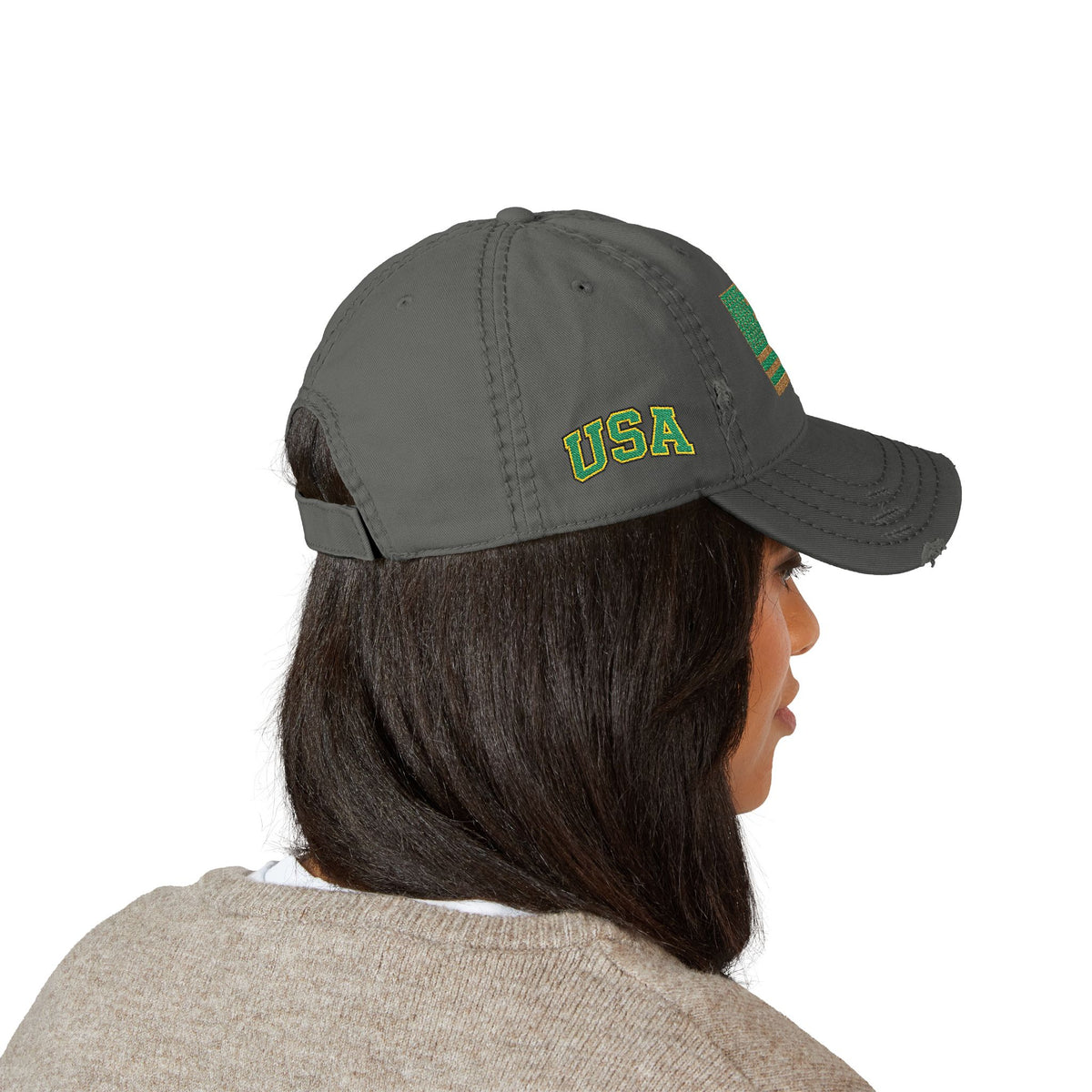 Embroidered Distressed Dad Hat — Green & Gold Flag Patch