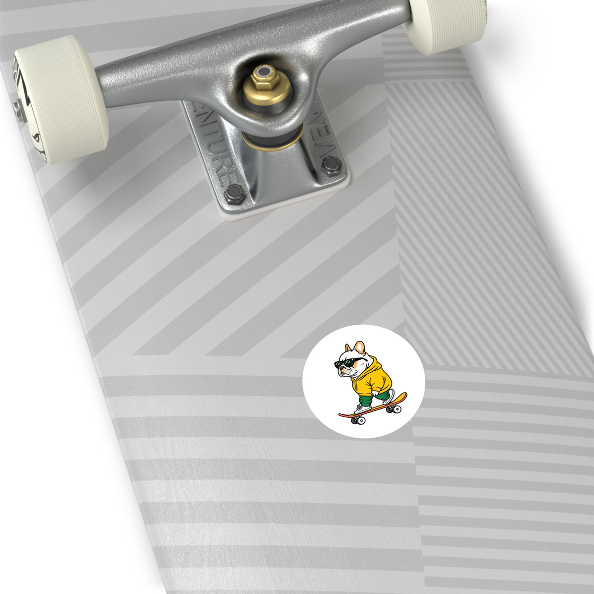Skater Bulldog Round Sticker — Cool Frenchie on Skateboard, Indoor/Outdoor Decal