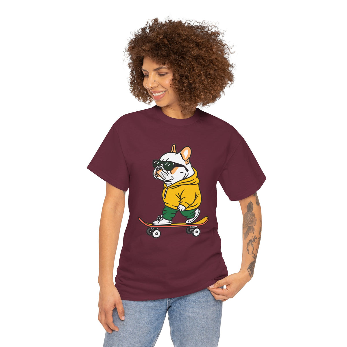 Skateboarding French Bulldog T‑Shirt – Cute Bulldog on Skateboard Graphic Tee