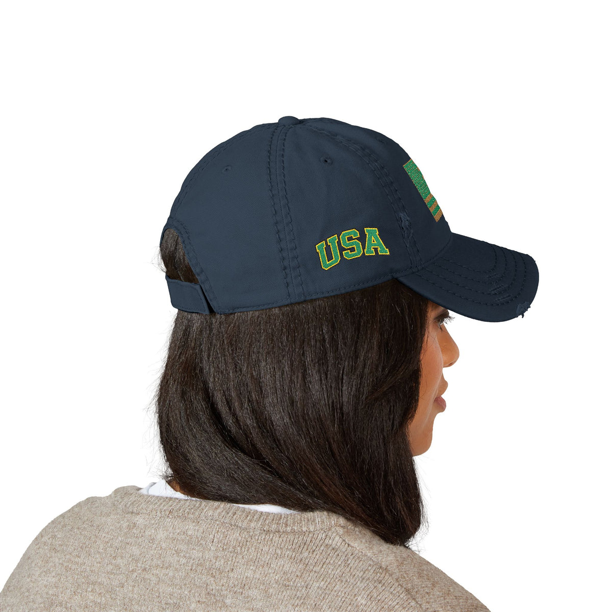 Embroidered Distressed Dad Hat — Green & Gold Flag Patch