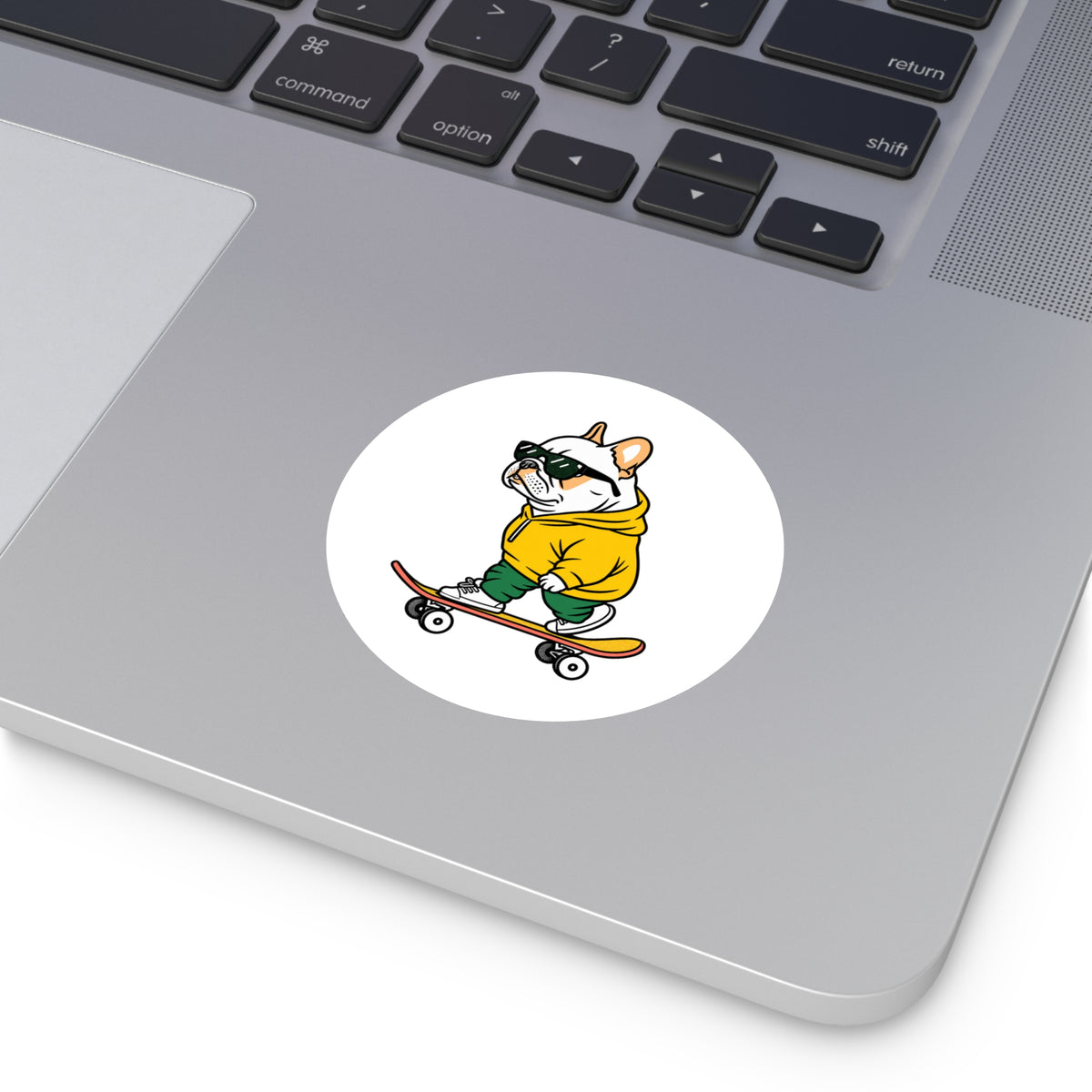 Skater Bulldog Round Sticker — Cool Frenchie on Skateboard, Indoor/Outdoor Decal