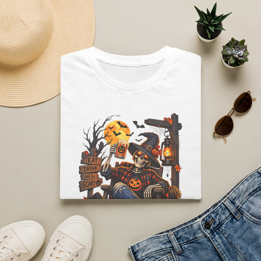 Halloween Skeleton Scarecrow T-Shirt — 'Eat Drink & Be Scary' Pumpkin Dog Tee