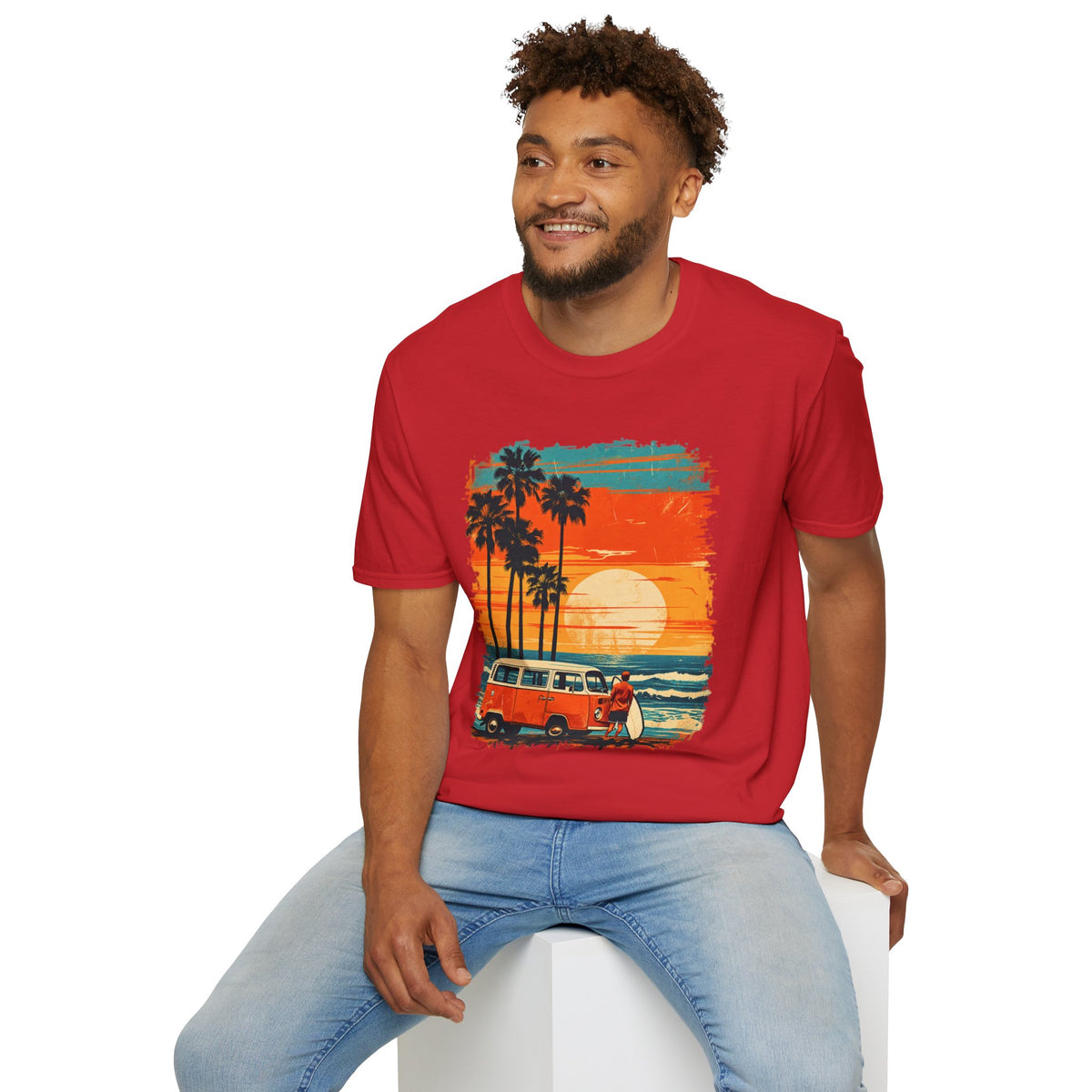 Retro Sunset Van T-Shirt – Tropical Beach Road Trip Graphic