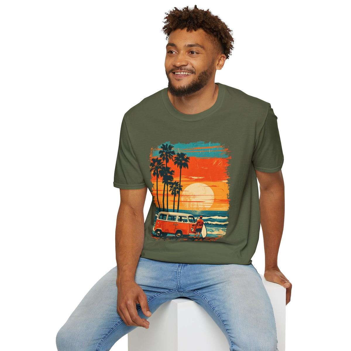 Retro Sunset Van T-Shirt – Tropical Beach Road Trip Graphic