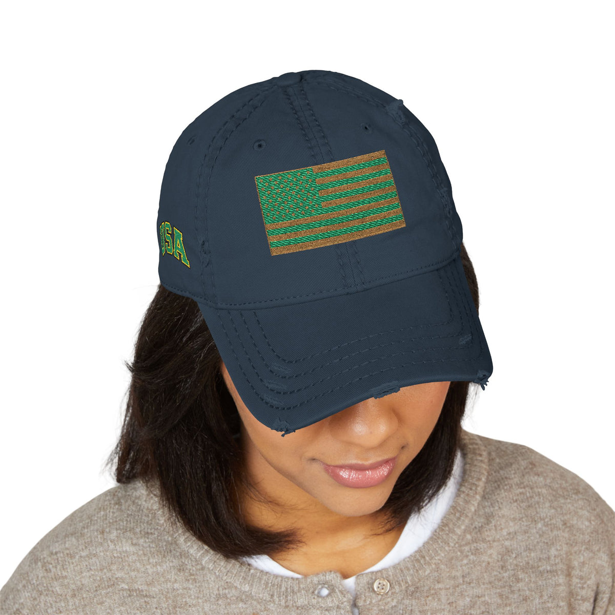 Embroidered Distressed Dad Hat — Green & Gold Flag Patch