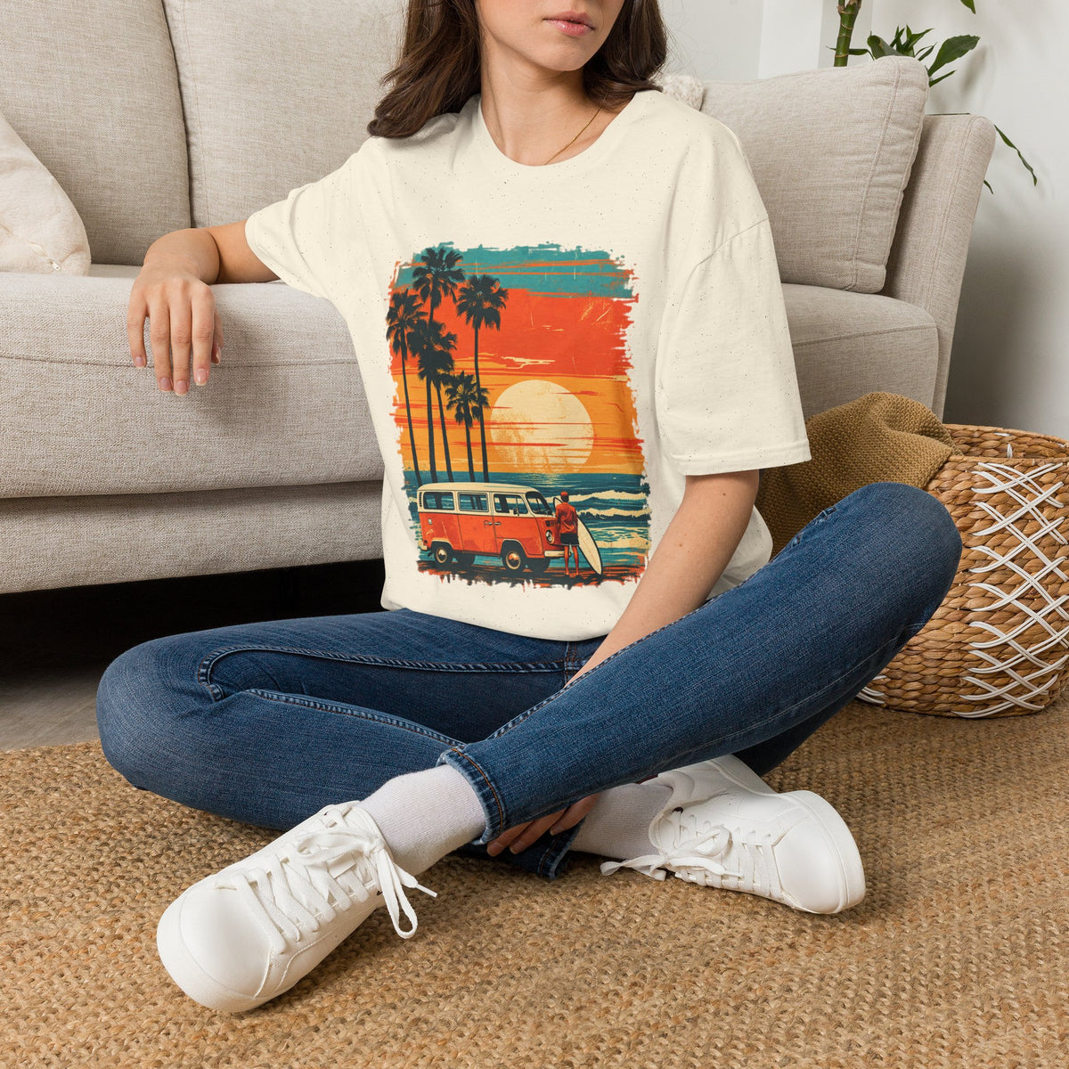 Retro Sunset Van T-Shirt – Tropical Beach Road Trip Graphic