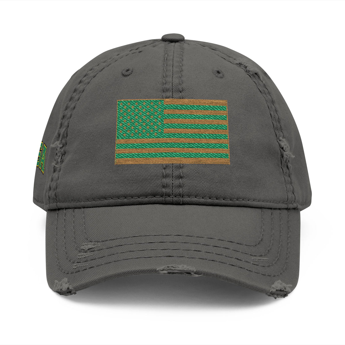 Embroidered Distressed Dad Hat — Green & Gold Flag Patch