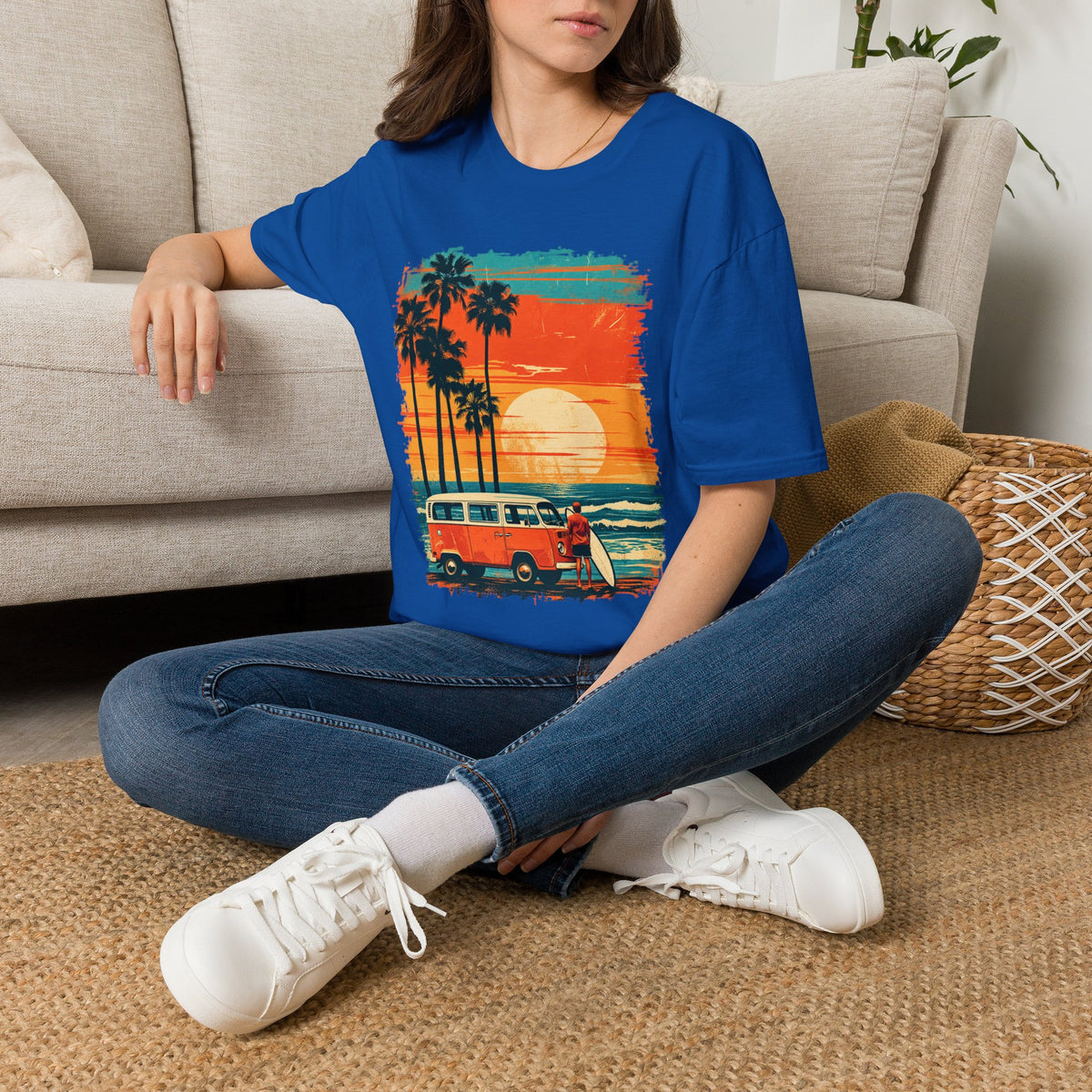 Retro Sunset Van T-Shirt – Tropical Beach Road Trip Graphic