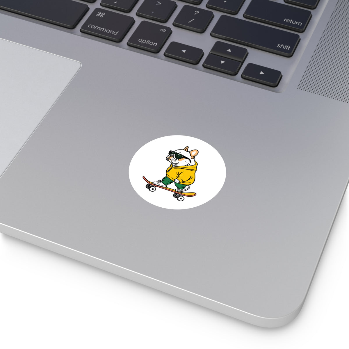 Skater Bulldog Round Sticker — Cool Frenchie on Skateboard, Indoor/Outdoor Decal