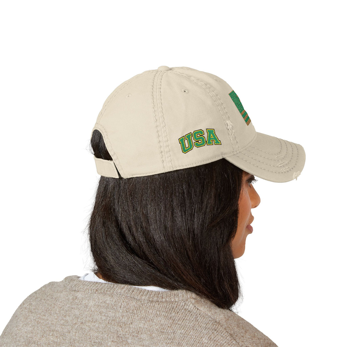 Embroidered Distressed Dad Hat — Green & Gold Flag Patch