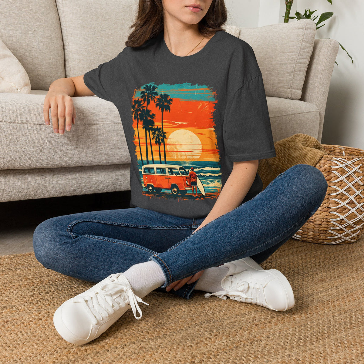 Retro Sunset Van T-Shirt – Tropical Beach Road Trip Graphic