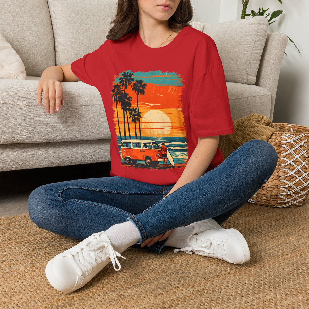 Retro Sunset Van T-Shirt – Tropical Beach Road Trip Graphic