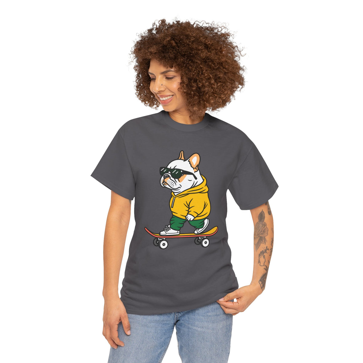 Skateboarding French Bulldog T‑Shirt – Cute Bulldog on Skateboard Graphic Tee