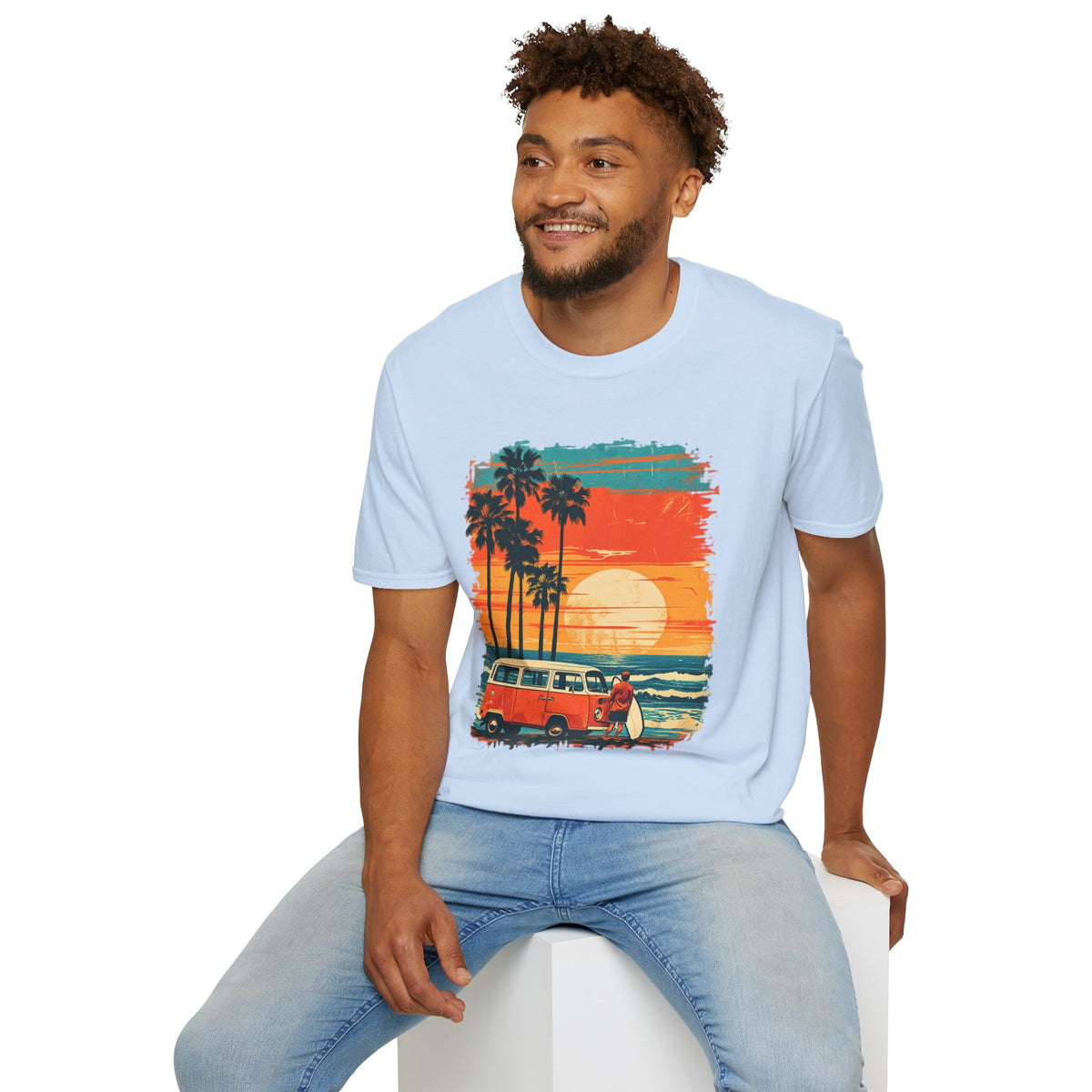 Retro Sunset Van T-Shirt – Tropical Beach Road Trip Graphic