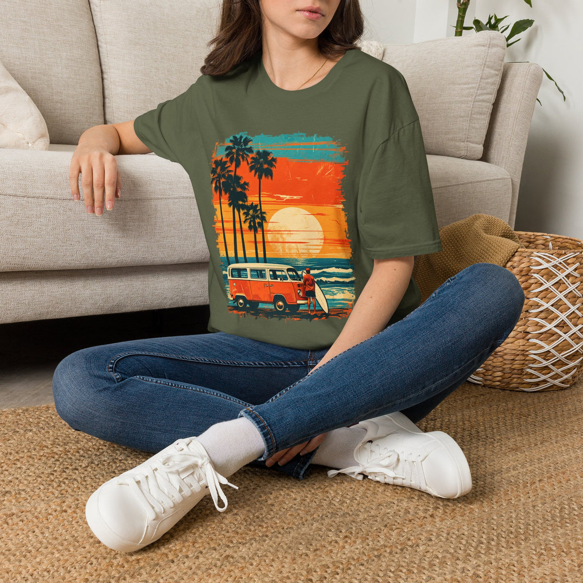 Retro Sunset Van T-Shirt – Tropical Beach Road Trip Graphic
