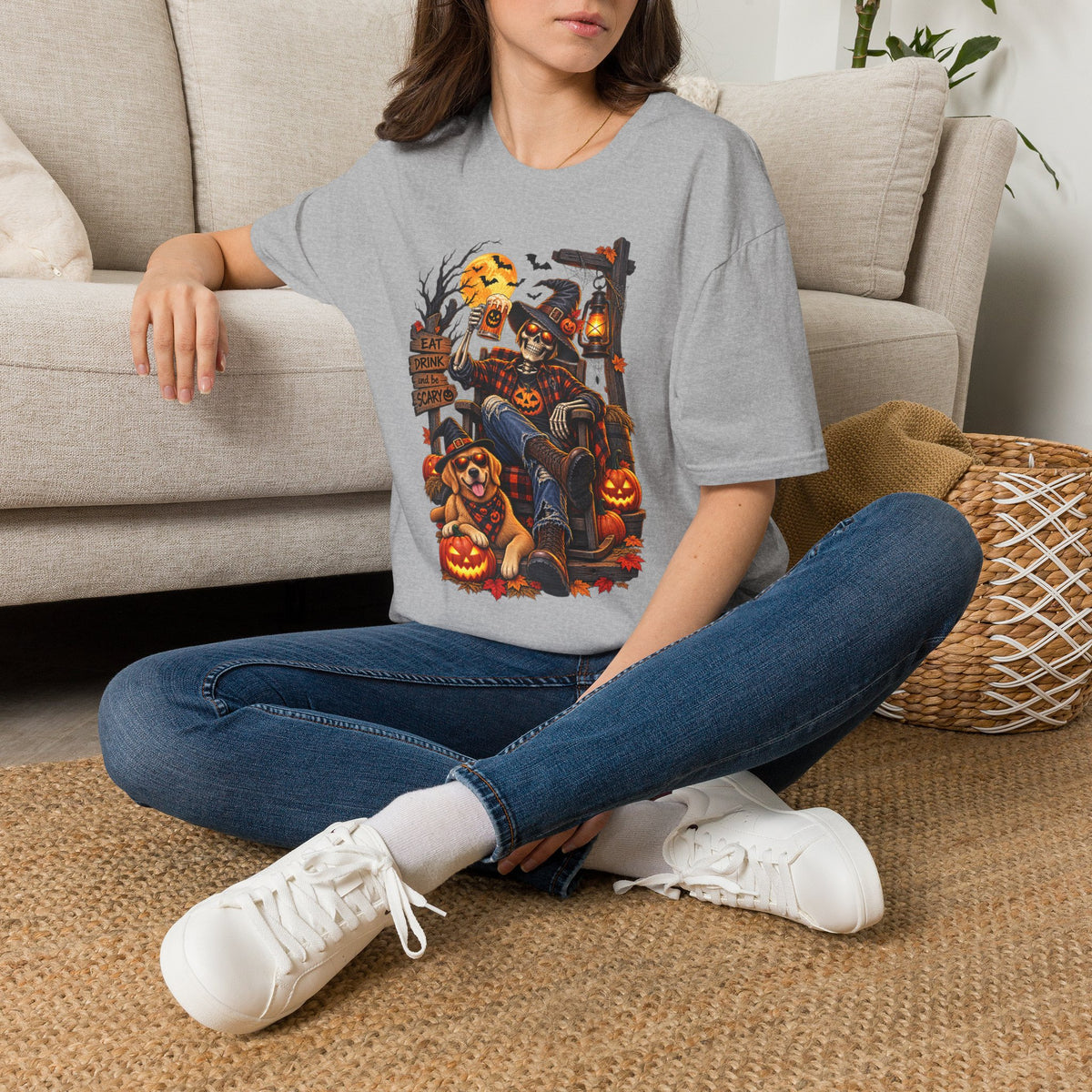 Halloween Skeleton Scarecrow T-Shirt — 'Eat Drink & Be Scary' Pumpkin Dog Tee