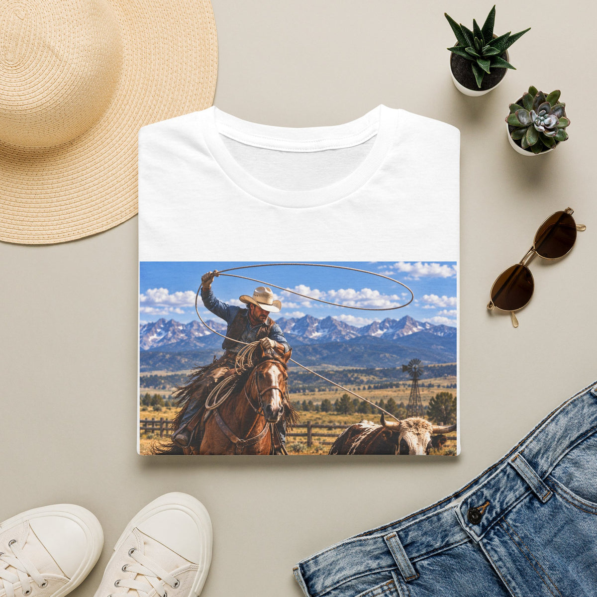 Cowboy Roping Photo T-Shirt — Western Ranch Scenic Tee