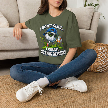 Golf T-Shirt — "I Don't Slice... I Create Scenic Detours" Funny Golfer Tee