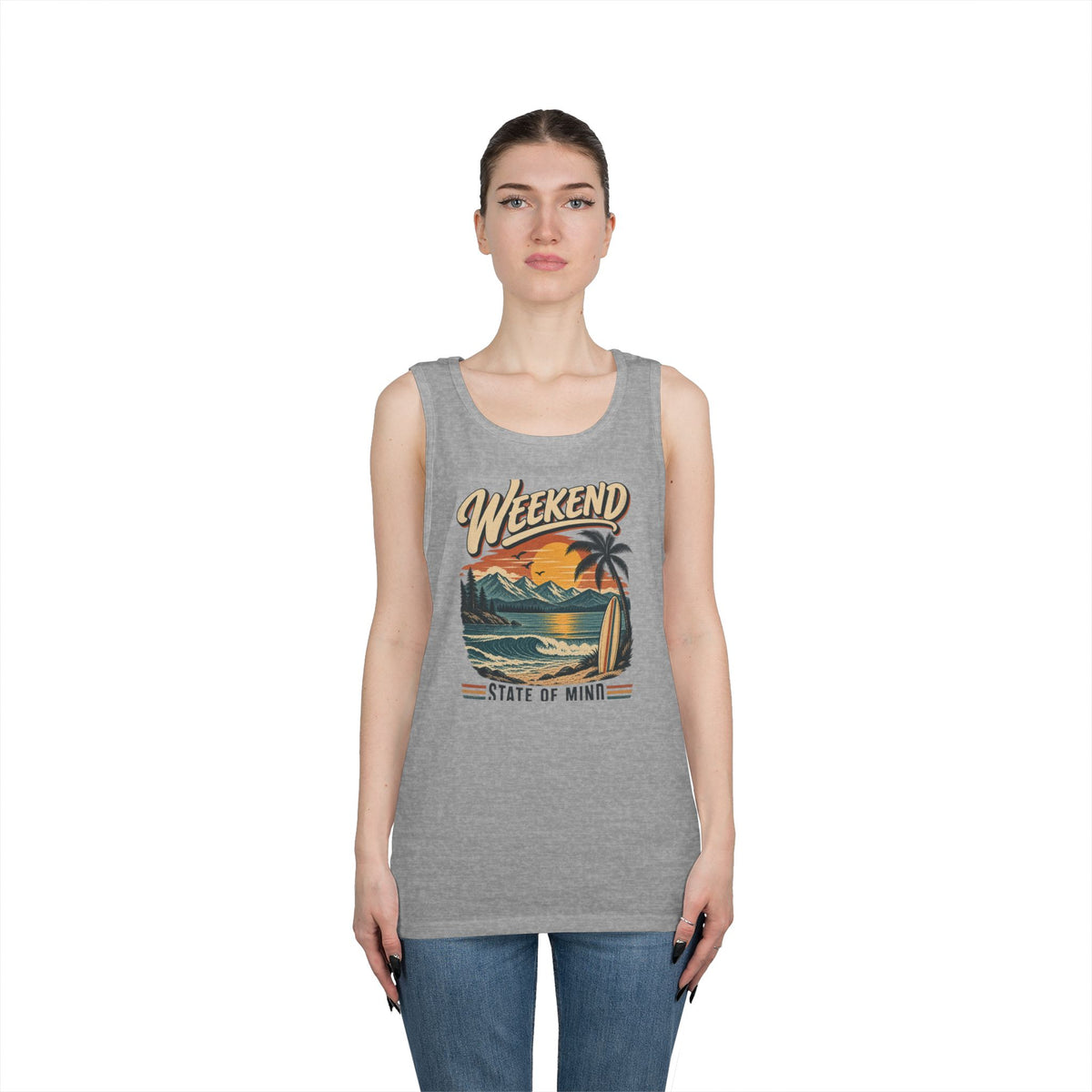 Weekend State of Mind Tank Top — Retro Beach Surf Sunset Graphic