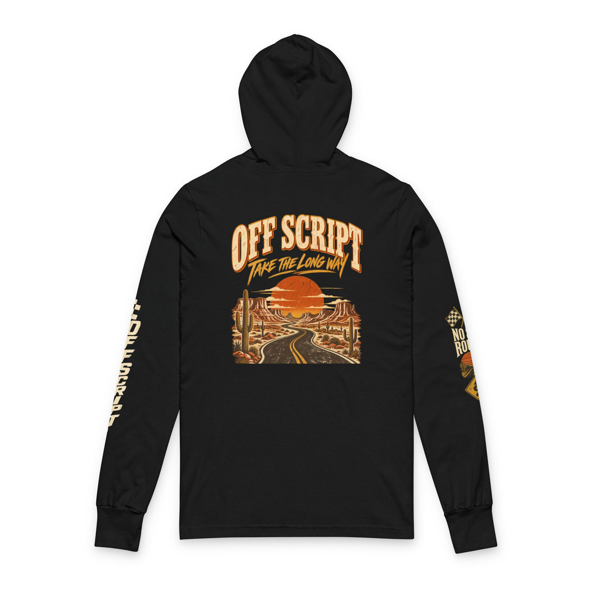 Long Sleeve Hoodie — 'Off Script' Desert Sunset Road Graphic