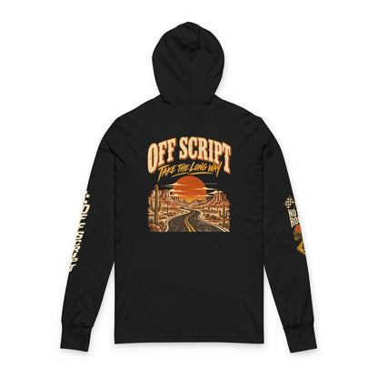 Long Sleeve Hoodie — 'Off Script' Desert Sunset Road Graphic