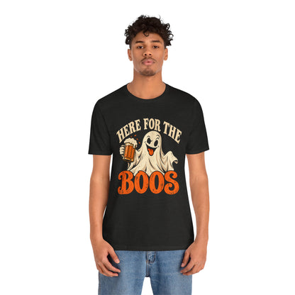 Here for the Boos Halloween T-Shirt — Ghost Drinking Beer Graphic Tee