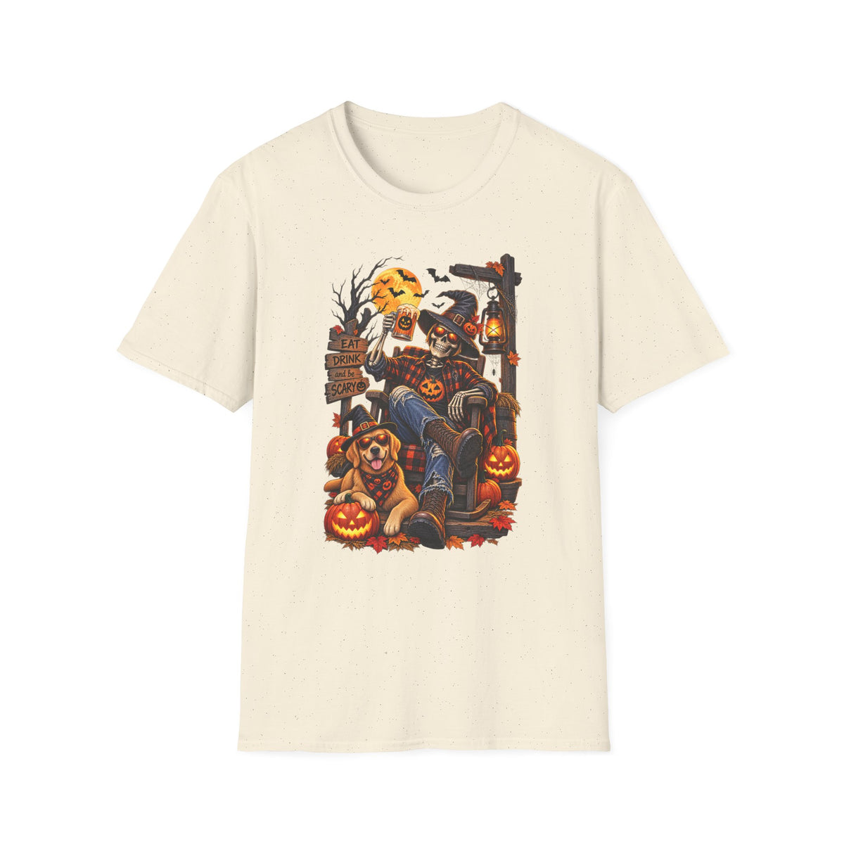 Halloween Skeleton Lounge T-Shirt — "Eat Drink & Be Scary" Graphic Tee