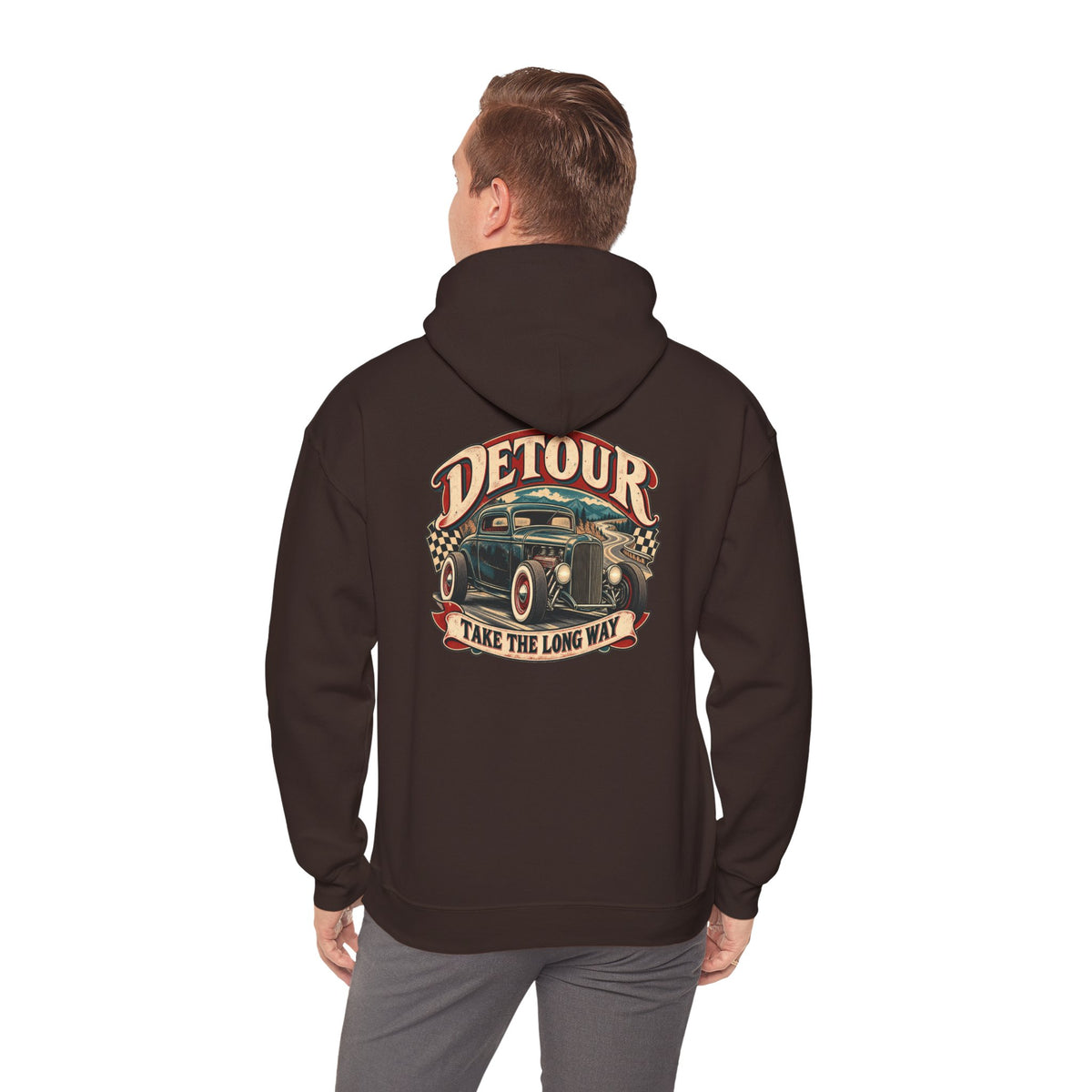 Detour Vintage Hot Rod Hoodie — "Take The Long Way" Classic Car Sweatshirt