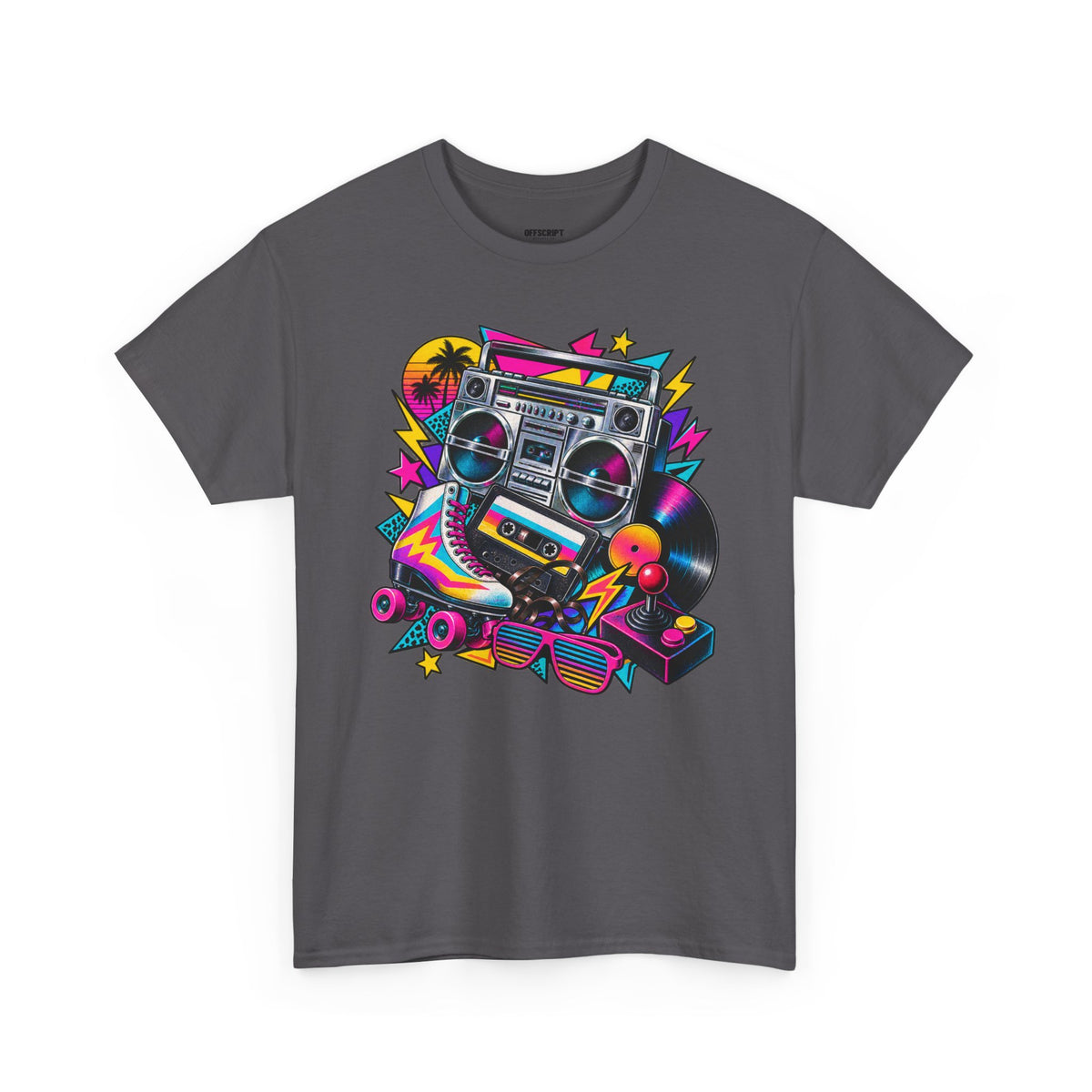 Retro Boombox Tee — 80s Neon Music Graphic T-Shirt