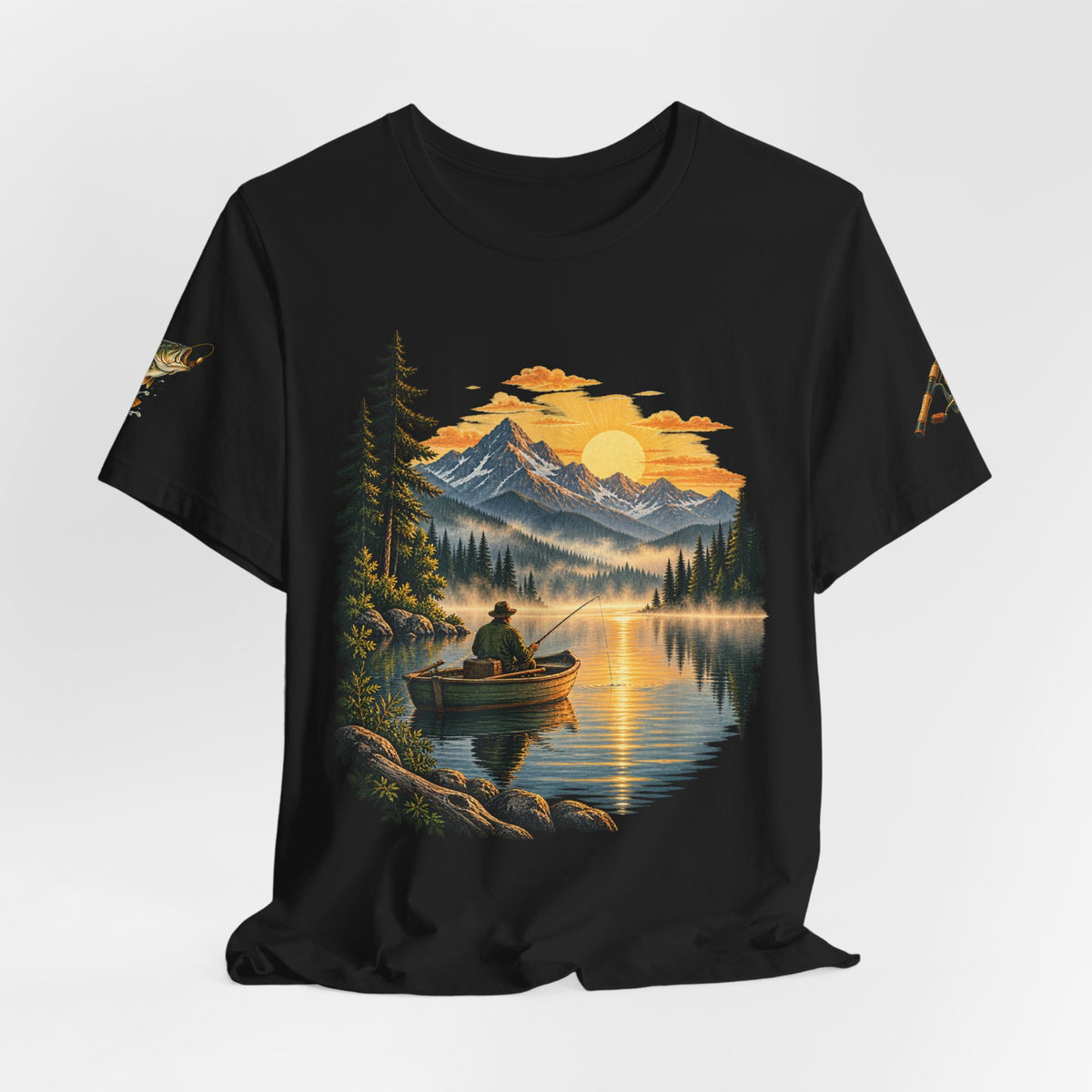 Sunset Lake Fishing T-Shirt — Mountain Boat Fishing Graphic Tee