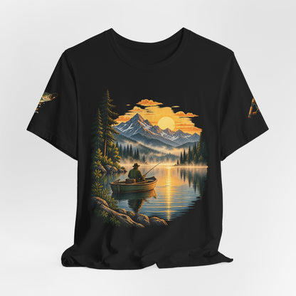 Sunset Lake Fishing T-Shirt — Mountain Boat Fishing Graphic Tee