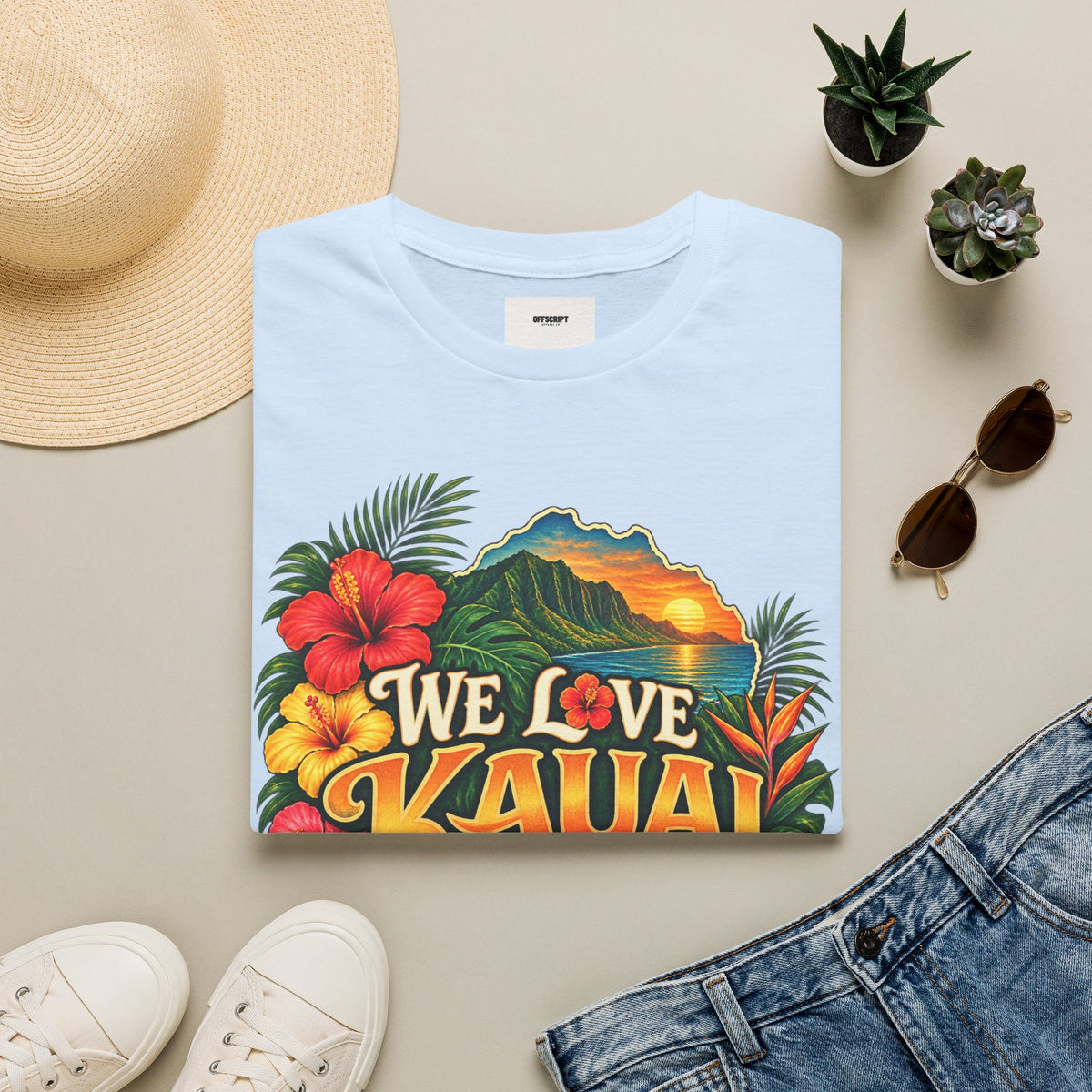 We Love Kauai T-Shirt — Hawaiian Island Sunset Floral Tee