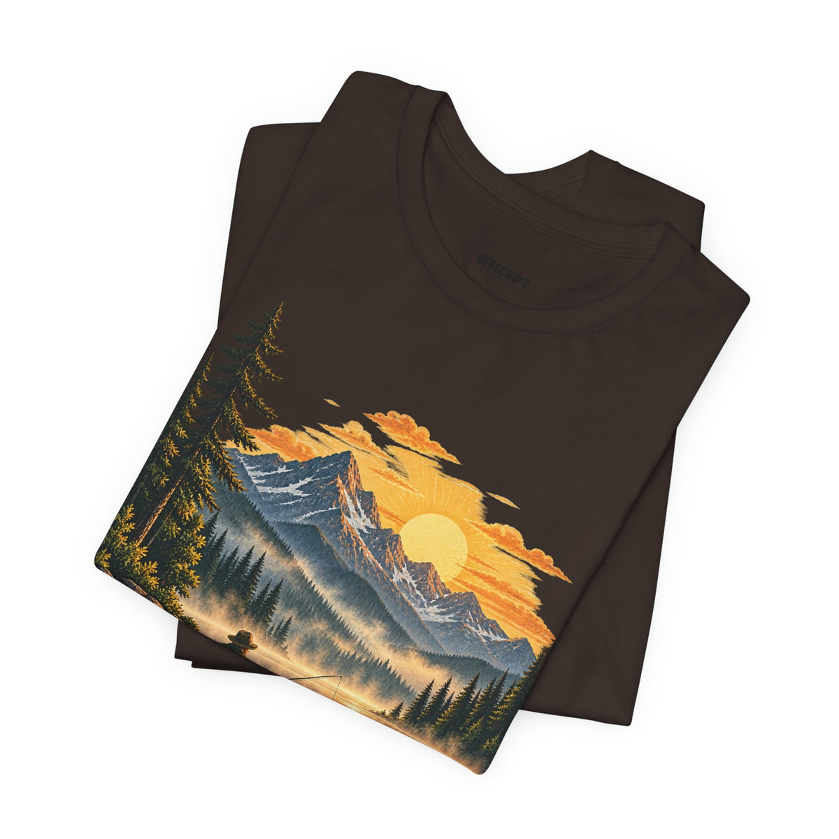 Sunset Lake Fishing T-Shirt — Mountain Boat Fishing Graphic Tee