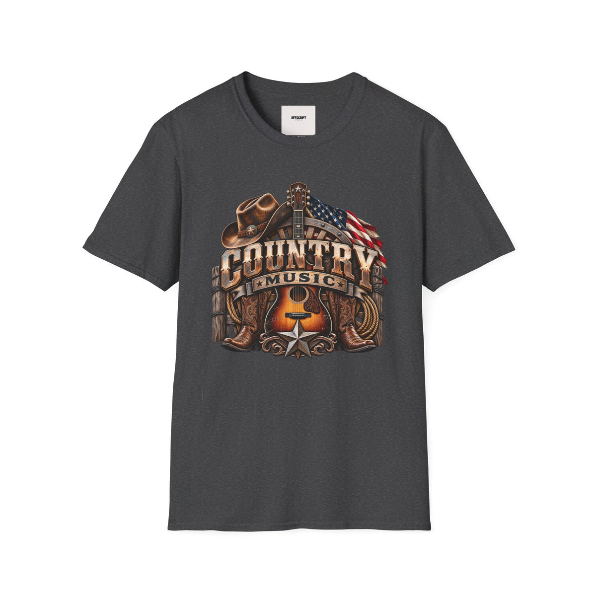 Country Music Graphic T‑Shirt — Western Guitar & Flag Design