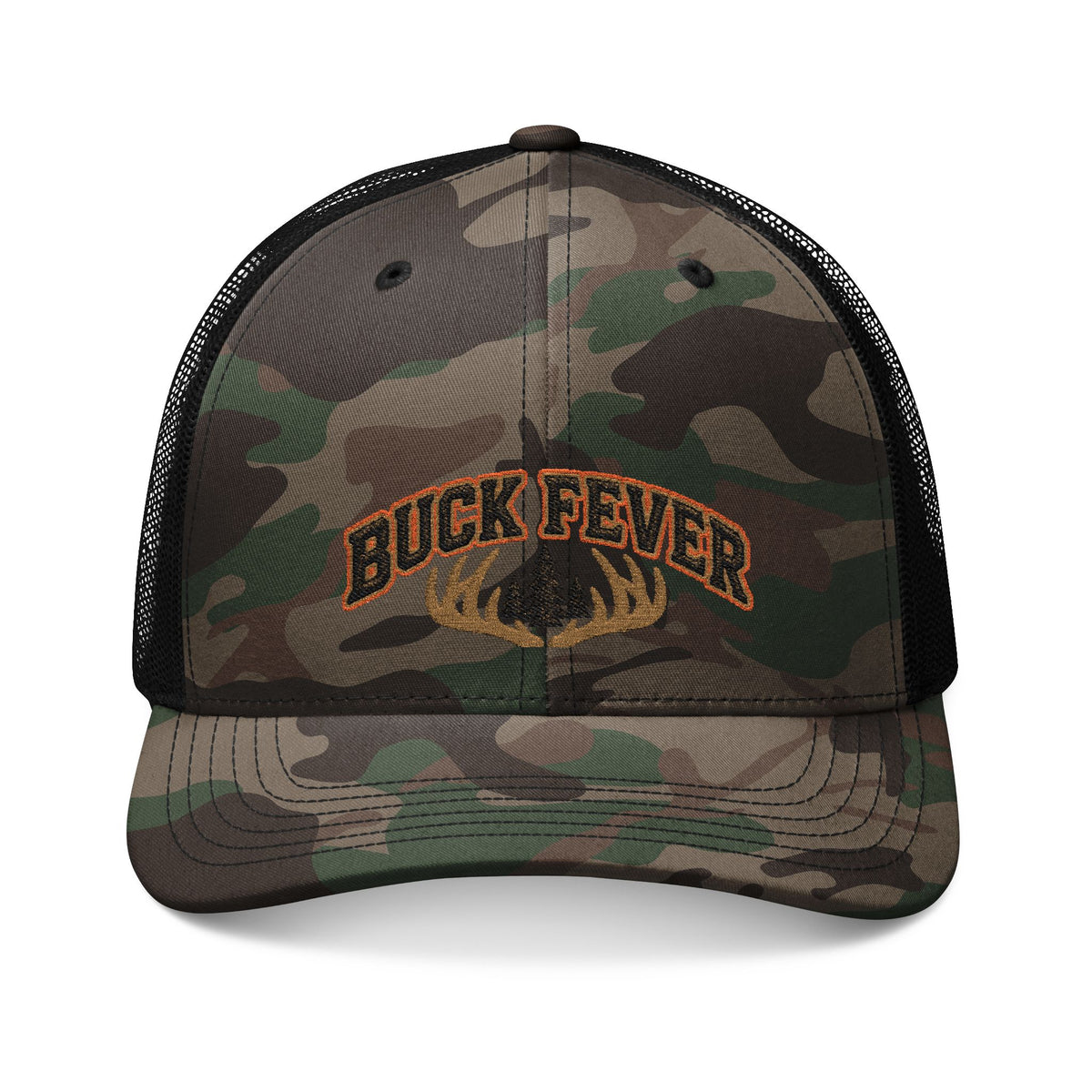 Camouflage Trucker Hat — Embroidered 'Buckfever' Buck Antler Logo