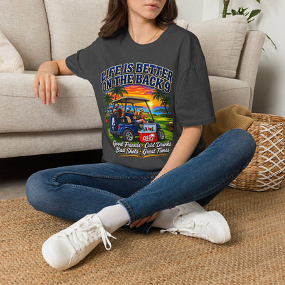 Golf T-Shirt — "Life Is Better on the Back 9" Sunset Golf Cart Design