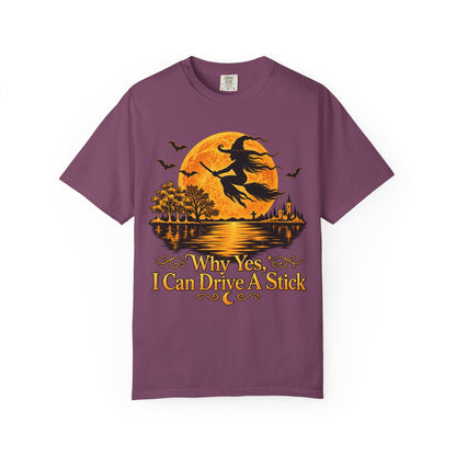 Witch Flying Over Moon T-Shirt – "Why Yes, I Can Drive A Stick" Halloween Tee