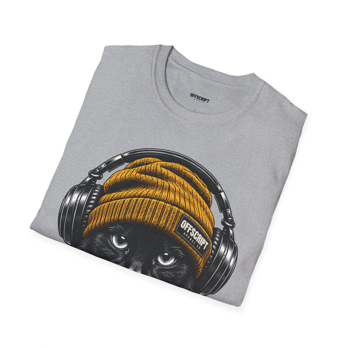 Cat Headphones T-Shirt — Cool Black Cat with Beanie & Headphones Graphic