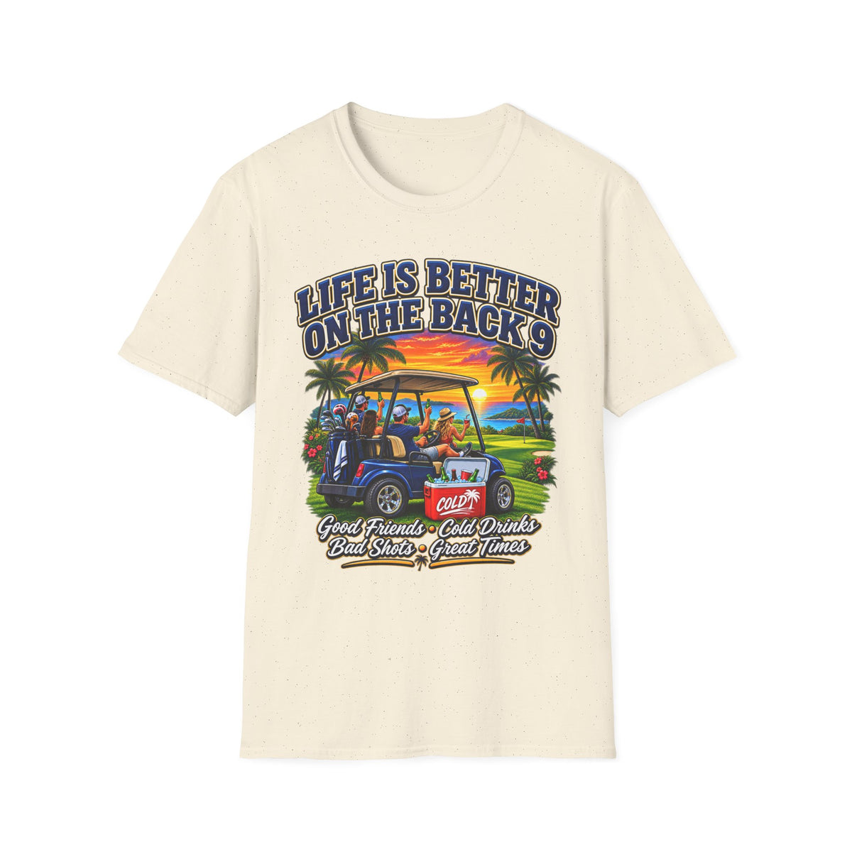 Golf T-Shirt — "Life Is Better on the Back 9" Sunset Golf Cart Design