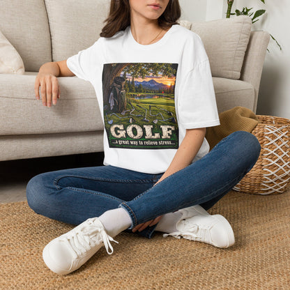 Golf Relaxation T-Shirt — "GOLF: a great way to relieve stress" Scenic Sunset Design