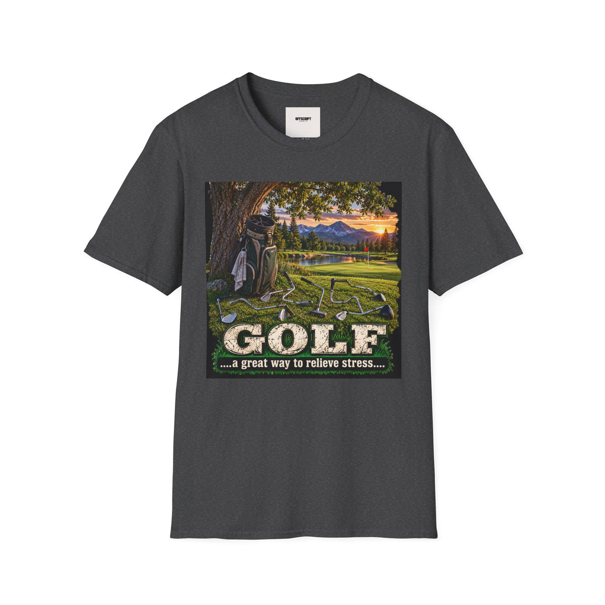 Golf Relaxation T-Shirt — "GOLF: a great way to relieve stress" Scenic Sunset Design