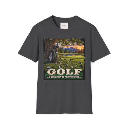Golf Relaxation T-Shirt — "GOLF: a great way to relieve stress" Scenic Sunset Design