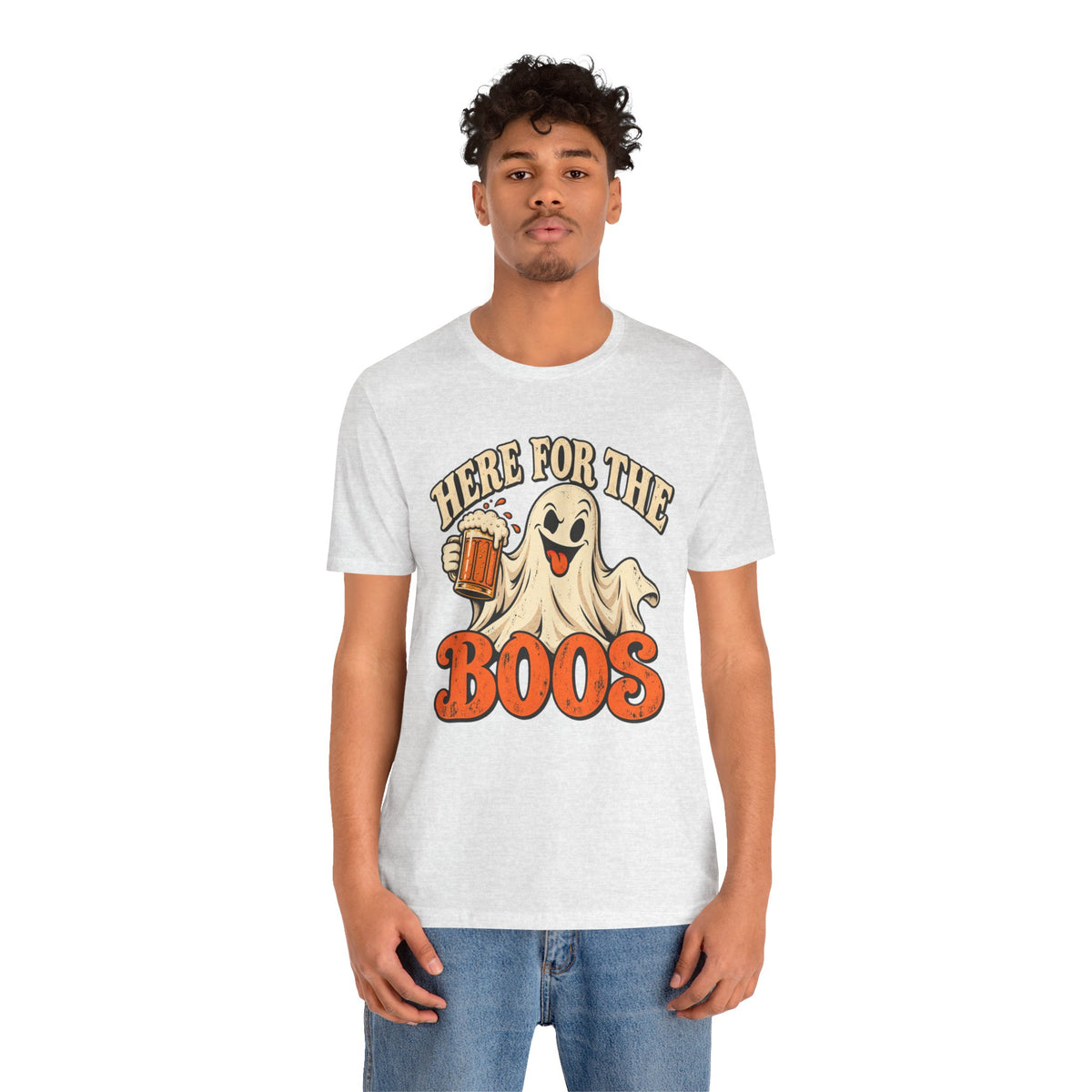 Here for the Boos Halloween T-Shirt — Ghost Drinking Beer Graphic Tee
